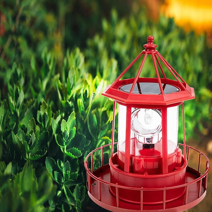 LED Solar Powered Lighthouse,360 Degree Rotating Lamp IP65 Waterproof Statue Solar Garden Lights Rotatable Outdoor Solar Light,Suitable for Patio Fence Garden Courtyards,Lawns Decor (Red)