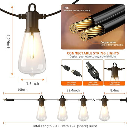Kawaya Outdoor Patio String Lights: 25 FT LED Outside Patio Light with 12 Shatterproof Vintage Bulbs - 2700K Dimmable IP65 Waterproof Edison Outdoor Lighting for Porch Deck Bistro Cafe Party
