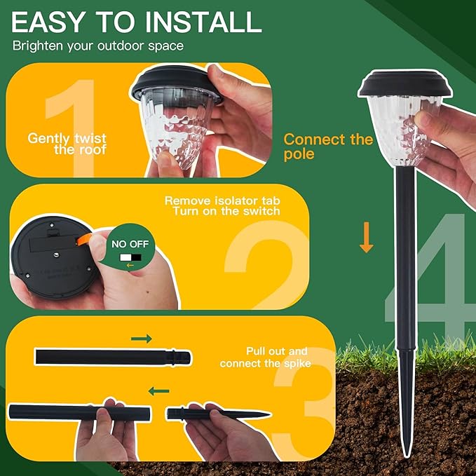 Solar-Powered Auto-Sensor Garden Stake Lights IP44 Waterproof All-Weather Frost&Heat Resistant Warm White LED 8-12H Runtime Easy Stake Install TwistOnOff ABS Durable Path/Gdn/Patio