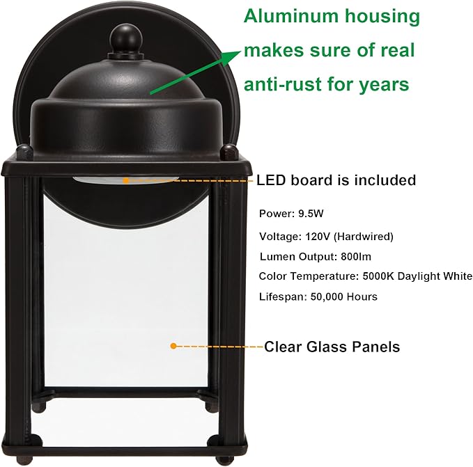 LIT-PaTH Outdoor LED Wall Lantern, Wall Sconce as Porch Lighting Fixture, 5000K Daylight White, 9.5W 800 Lumen | Lumora