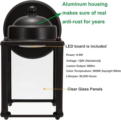 LIT-PaTH Outdoor LED Wall Lantern, Wall Sconce as Porch Lighting Fixture, 5000K Daylight White, 9.5W 800 Lumen, Aluminum Housing Plus Glass, Bronze Finish-2 Pack