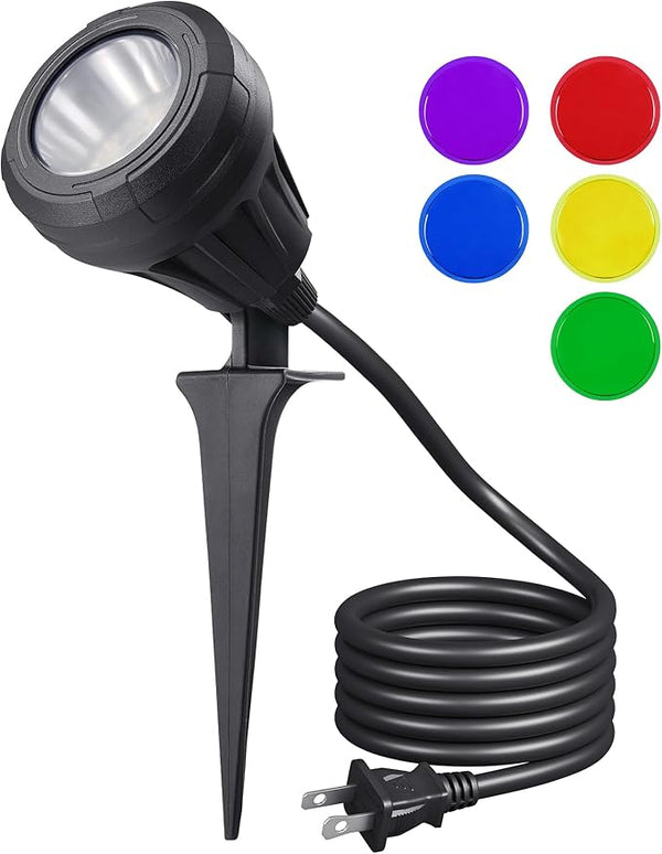 EDISHINE 120V LED Outdoor Spotlight, 5 Extra Lenses (RGB Purple Blue), 5.5W 5000K Plug in Spotlight Outdoor | Lumora