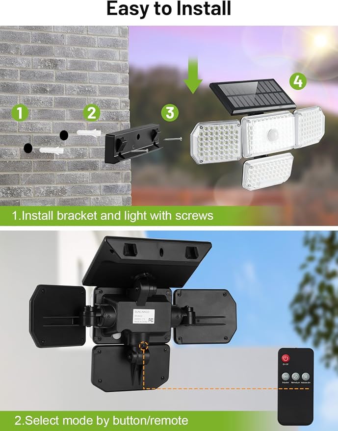 Solar Lights Outdoor, 214 LED Motion Sensor Waterproof Solar Security Light with Remote Control, 4 Heads 270° Wide Angle Flood Wall Light with 3 Modes, Auto On/Off for Outside Patio Backyard (2 Pack)