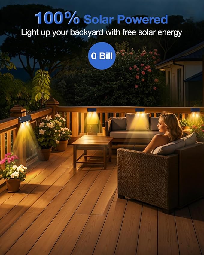 Fence Lights Solar Powered Outdoor Waterproof Outside Wall LED Landscaping Lamp 8 Pack for Yard, Deck, Patio, Rail, Garage, Pool, Balcony, Energy Efficient Warm White Safety and Ambiance,Easy Install
