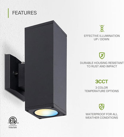 ASD 2 Light Square Dusk to Dawn LED Outdoor Wall Light Fixture | 18W 1900LM 3000K-5000K 120V Cylinder Up Down Lights | Exterior Wall Sconce | Front Door, Porch, Patio | Black, ETL