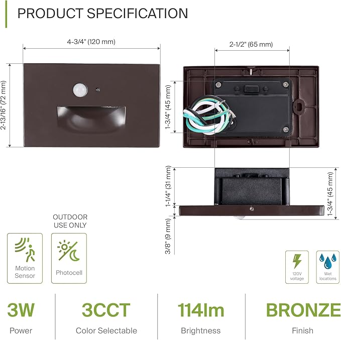 ASD LED Recessed Step Light Fixture, Dusk to Dawn Outdoor Tread Lighting | 3CCT, Motion Sensor, Photocell | Lumora