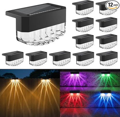 Solar Fence Lights Outdoor,12 Pack Solar Deck Lights,8 Fixed Colors ＆ Color Changing Modern Solar Powered,Waterproof LED for Step Stair Patio Backyard Porch Railing Halloween Christmas