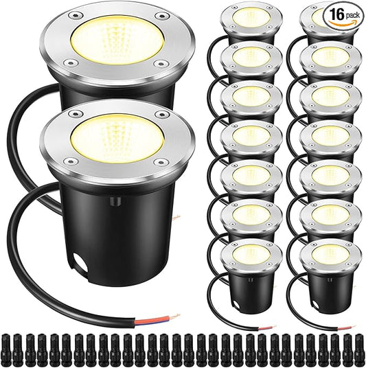Yahenda 16 Sets Low Voltage Landscape Lights 5W LED Warm White Outdoor Waterproof Deck Lights with Connectors, 12V-24V In-Ground Pathway Lighting for Garden Yard Driveway Patio Walkway