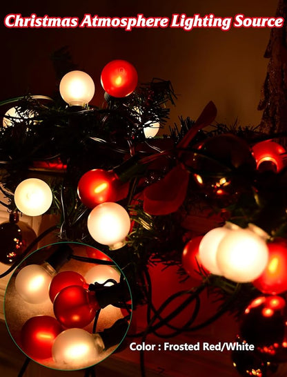 SUNSGNE G40 LED Christmas Globe Lights - 50FT Xmas Lights with 25 LED Frosted Red and White Christmas Bulbs for Indoor Outdoor Holiday Party Roofline Backyard Garden Patio Tree Decoration