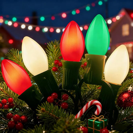 Abeja C9 Christmas Lights Outdoor, 25Ft Vintage Ceramic Christmas String Light with 26 Red White Green Bulbs (1 Spare), Waterproof Hanging Decor Lights for Xmas Tree Garden Roofline
