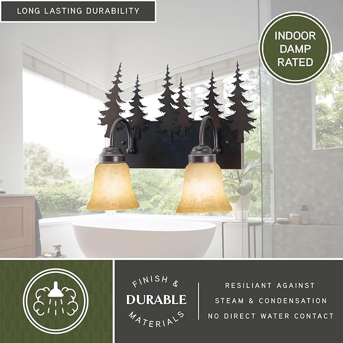 VAXCEL Yosemite 2-Light 16.75 inch Wide Burnished Bronze Rustic Cabin Bathroom Vanity Lighting Fixture, Amber Flake | Lumora