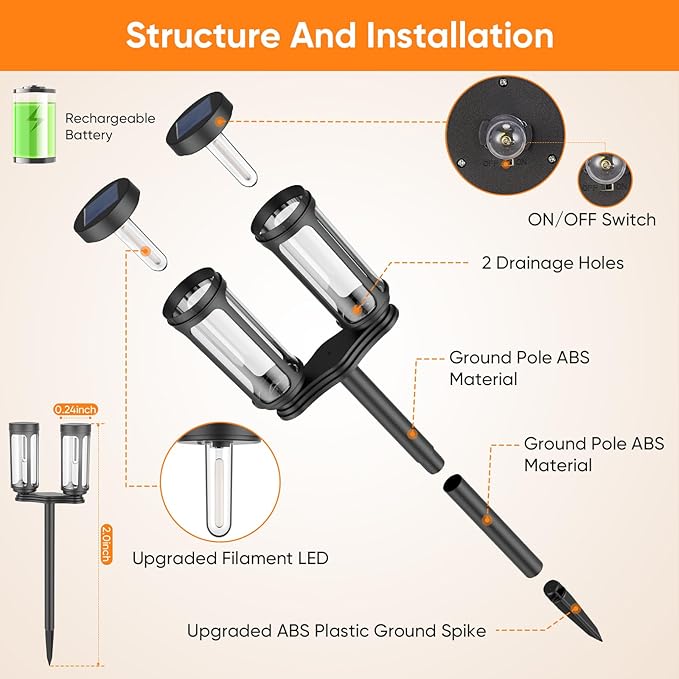Solar Pathway Lights Outdoor Waterproof, 4 Warm Light LED Solar Powered Garden Light Decorations, Auto On/Off Outdoor Light for Yard Patio Lawn Walkway Garden Decor ( 4 Single or 2 Double Lights )