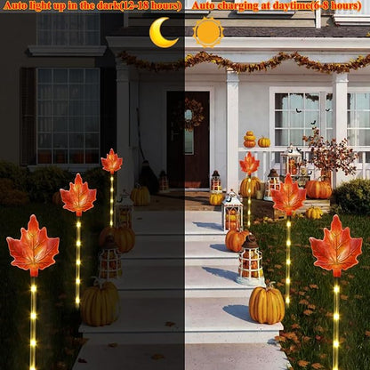 Fall Decor Solar Pathway Lights Outdoor Thanksgiving Decorations, 6 Pack Fall Leaves Solar Thanksgiving Maple Leaf Garden Stake Lights for Outside Patio Yard Wedding Party Autumn Decor
