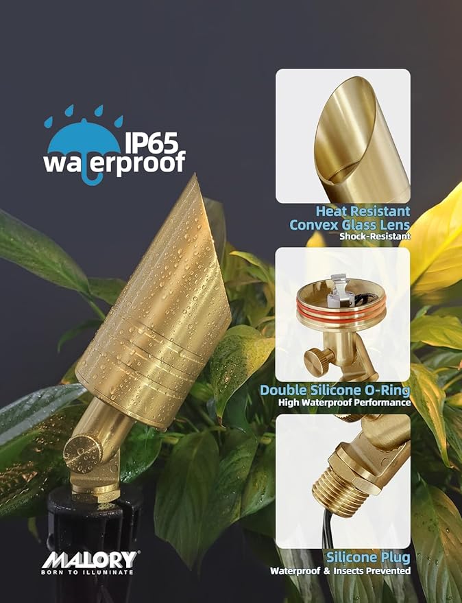 MALORY Brass Landscape Spotlight,12V AC/DC Low Voltage LED Landscape - Outdoor Security Flood Light | Lumora