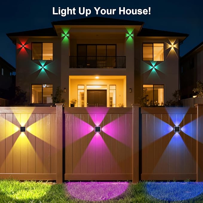 Solar Fence Lights Outdoor, New 4-Way Lighting Fence Lights Solar Powered with 8 Modes Warm White/RGB, IP65 Waterproof Solar Wall Light for Backyard Wall Pathway Deck Patio Decor - 12 Pack