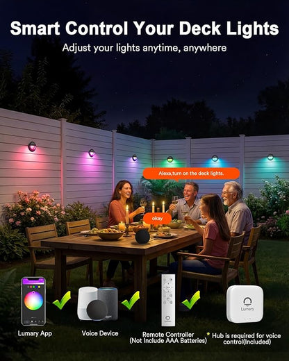 Lumary 12-24V Smart Low Voltage Deck Lights with Hub, 4Inch RGB+CCT Outdoor Privacy Fence Lights, IP65 Waterproof Landscape Lighting for Step, Deck, Patio, Works with Alexa & Google, 6Pack