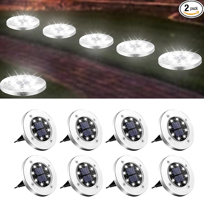 8 Pack Solar Inground Lights for Outside, 8 LED Waterproof Solar Disk Lights, Landscape Lighting for Garden Pathway, Cool White