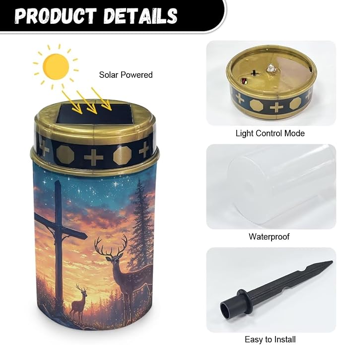 Poceacles 2 PCS Cross Solar Lights Cemetery Solar Lights for Grave Solar Candle Solar Lantern Light Walkway Lights Waterproof Landscape Lighting for Loss of Loved One, Deer Cross Galaxy Star