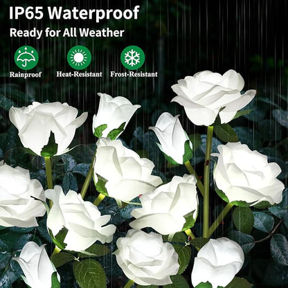 Solar Garden Lights, Solar Outdoor Lights with More Realistic 10 Rose Waterproof Solar Powered Flowers for Outside Patio Yard Pathway Decorations, 2 Pack White
