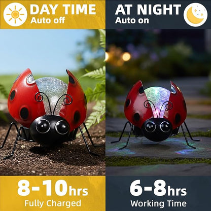 Solar Lights Outdoor Ladybug Decor with Crackle Glass Globe Lights - Cute Metal Ladybug Decor for Yard Lawn Patio Porch Pathway Tabletop, Housewarming Gifts for Mom Women