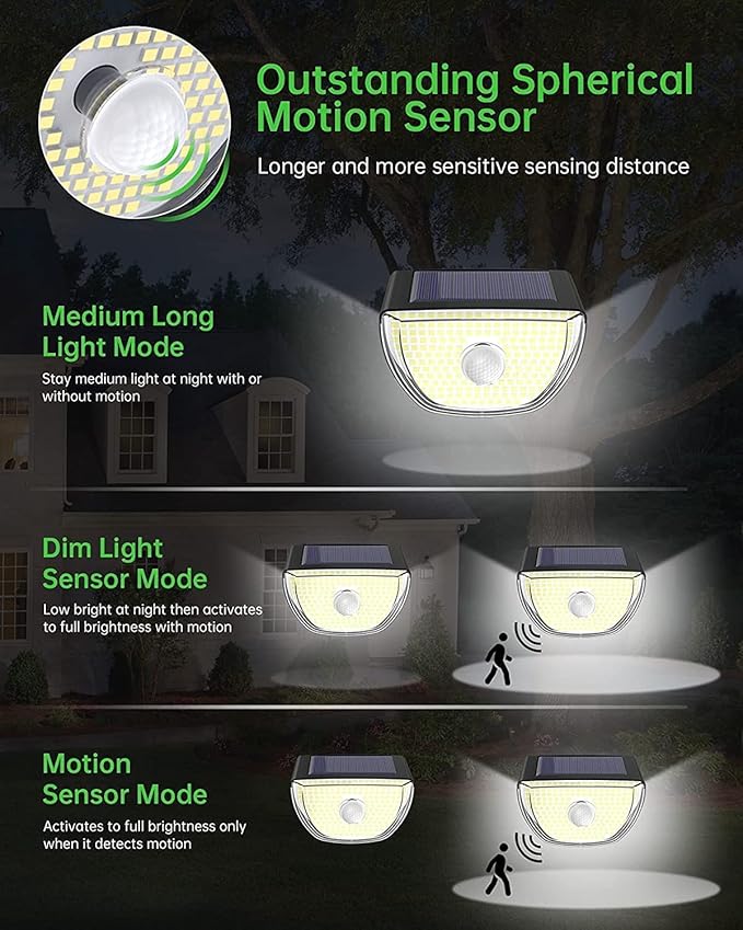 Solar Lights Outdoor 200 LED with 3 Lighting Modes, Solar Motion Sensor Lights, IP65 Waterproof Solar Powered Lights, 270° Wide Angle, for Garden Patio Yard Fence Deck, WHPG005AB,Black (6 Pack)