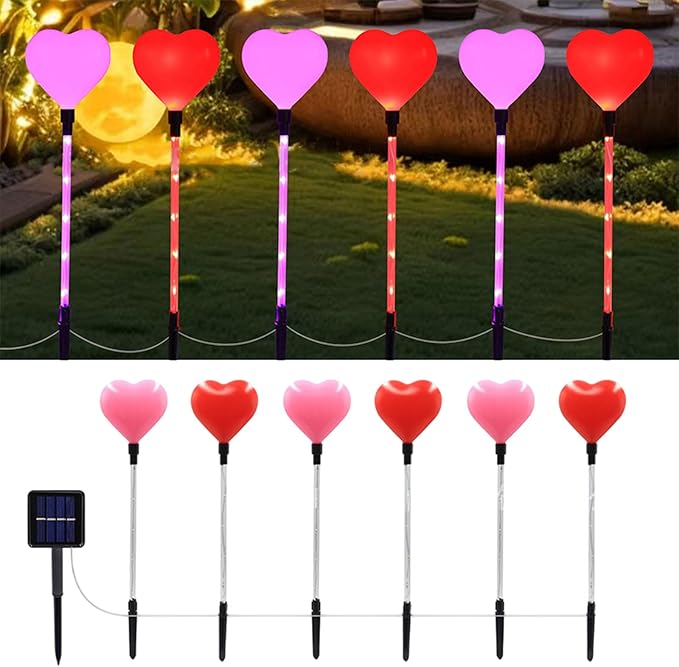 6 Pack Solar Red Heart Stake Lights for Valentines Day Decor, Outdoor Waterproof Heart Shaped Solar Light for Garden Pathway Light Cemetery Grave Porch Walkway Valentine's Theme Decorations