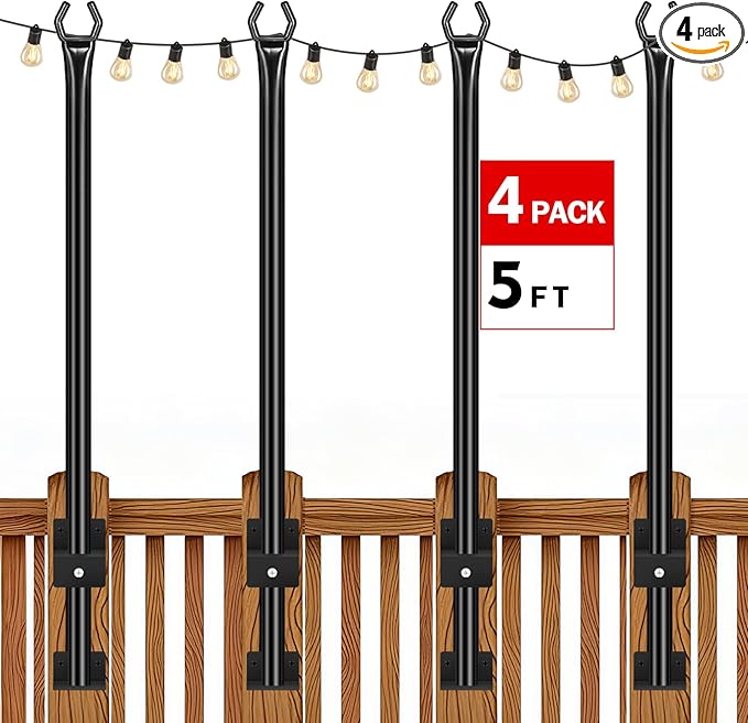 FEED GARDEN 5 Ft String Light Poles with Fence Brackets, Black Metal, 4 Pack, for Outdoor Deck Patio Backyard | Lumora