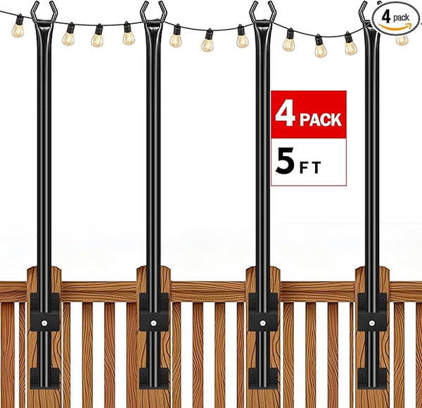 FEED GARDEN 5 Ft String Light Poles with Fence Brackets, Black Metal, 4 Pack, for Outdoor Deck Patio Backyard | Lumora