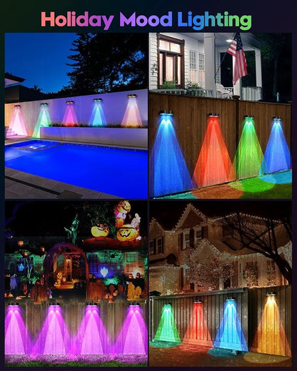 Upgraded Solar Fence Lights Outdoor 8 Pack with Spot Lensed, Warm White, Cold White & RGB 8 Fixed Colors Bright Fence Lights, Waterproof Color Glow Lights for Fence Wall Step Deck Railing Patio