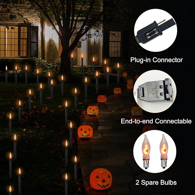 SUNSGNE Halloween Pathway Marker String Lights - 19.5Ft Outdoor Walkway Lights with 10 Black Blood Tears Candle Light Stakes for Lawn, Yard, Sidewalk, Garden Decoration