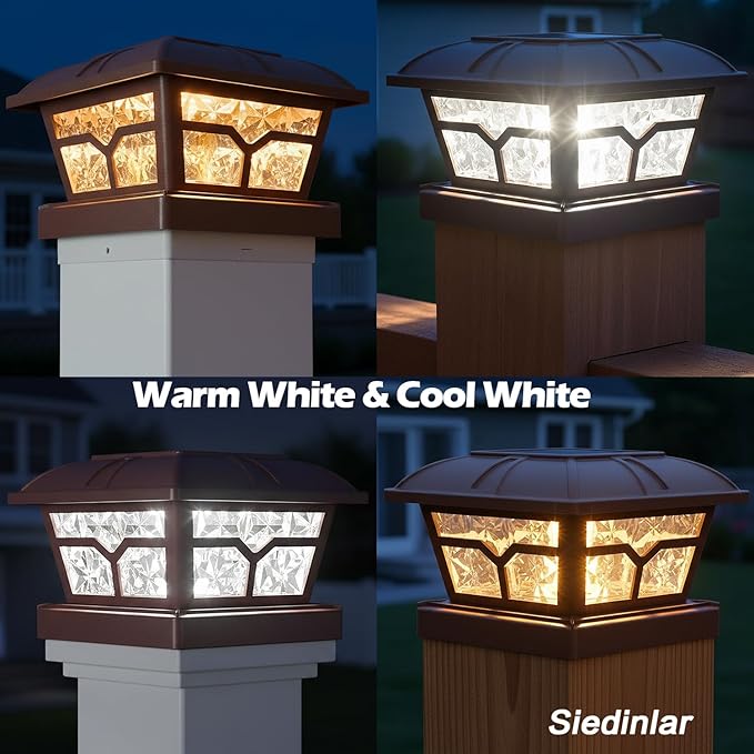 SIEDiNLAR Solar Post Cap Lights Outdoor 2 Color Modes 8 LEDs for 4x4 5x5 6x6 Posts Fence Deck Patio Decoration Warm | Lumora