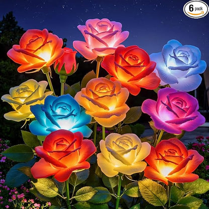 KOOPER 6 Pack Solar Lights Outdoor Garden Decor, 7 Color Changing Solar Flowers Outdoor Waterproof with 30 Bigger & Realistic Rose, Enlarged Size Panel for Patio Yard Garden Cemetery Decoration, Gifts