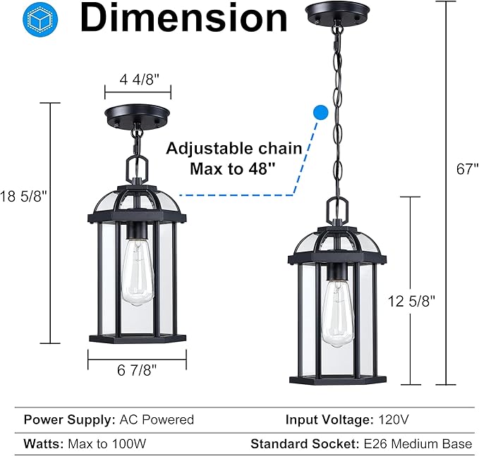 Outdoor Pendant Light,Modern Hanging Porch Light,Black Exterior Pendant Lighting Fixture, Outdoor Chandelier for | Lumora