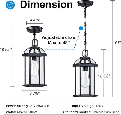Outdoor Pendant Light,Modern Hanging Porch Light,Black Exterior Pendant Lighting Fixture, Outdoor Chandelier for Front Porch Entrance Gazebo Front Door Entryway Foyer