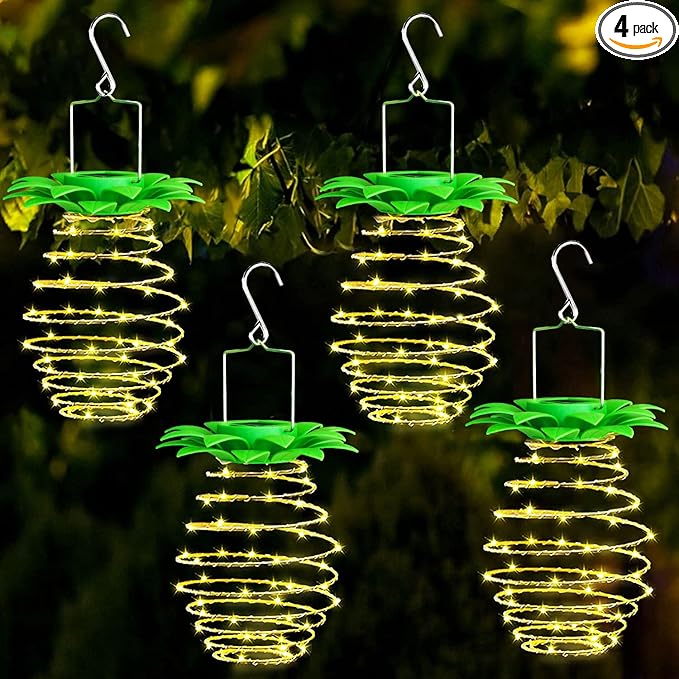 4Pack Solar Pineapple Lights Outdoor,60LED , Waterproof Hanging Pineapple Lanterns, Outdoor Pineapple Waterproof Lights Pathway Yard Lawn Walkway Decoration, Warm White (Upgraded)