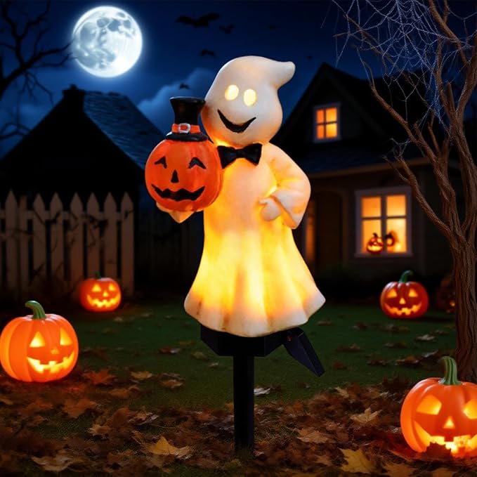 2pcs Ghost Solar Outdoor Lights, Halloween Ghost Solar Pathway Lights, Waterproof Outdoor Resin Figurine Lamp with Stake for Garden Patio Yard Pathway Decorative