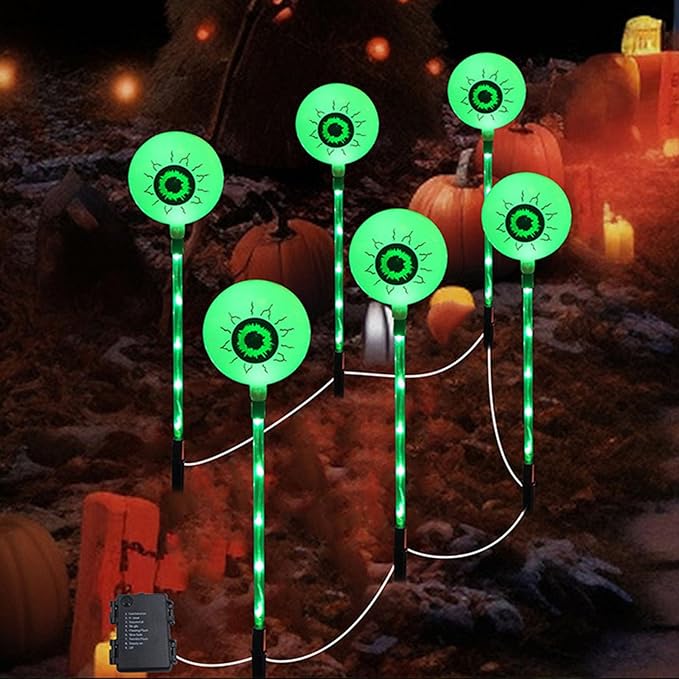 6Pcs Solar Powered Halloween Eyeball Pathway Lights for Halloween Decorations, Solar Stake Lights Solar for Garden Yard Patio Pathway (Green)