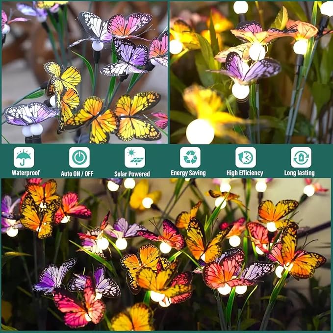 Solar Butterfly Lights Outdoor Waterproof, Garden Decor Solar Powered with 8 LED, Memorial Gifts for Graves, Solar Butterflies for Outside Garden Stake Decorations (Color, 2 Packs)