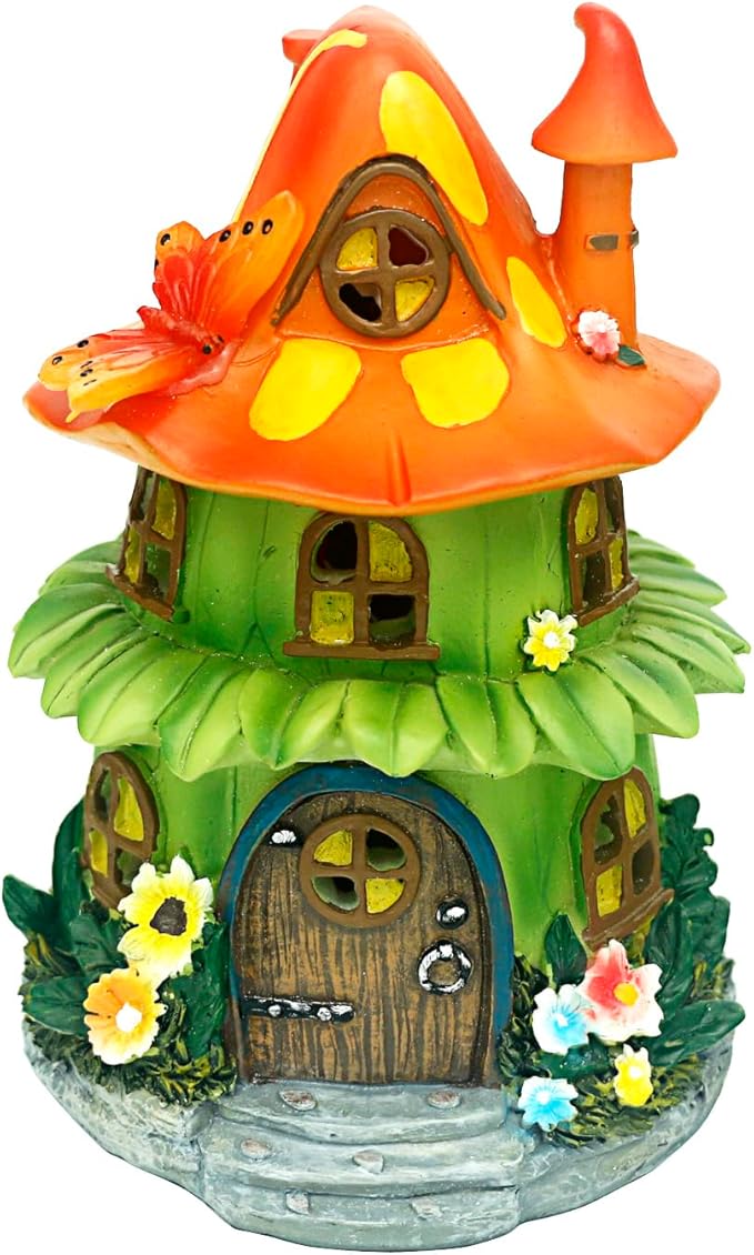 Solar Garden Figurine Lights, Large Resin Mushroom House Decorative Statue Waterproof Outside Ornament for Patio Yard Lawn Balcony (Orange)