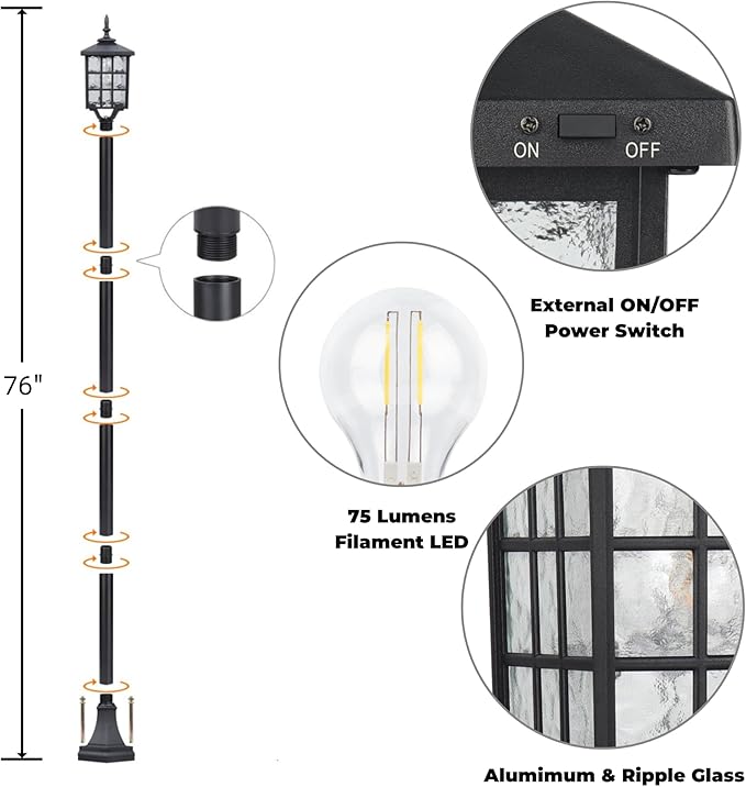 Kemeco Solar Lamp Post Light, ST4324SS4 Outdoor Waterproof LED Street Floor Post Lights Solar Powered for Pathway Garden Driveway Landscape Backyard