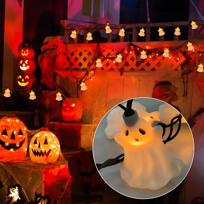 SUNSGNE Halloween Ghost LED String Lights 8.5FT Indoor String Lights with 10 LED White Genius for Outdoor Patio Indoor Home Bedroom Kids Room School Wall Decor