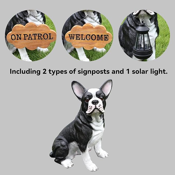 Outdoor Boston Terrier Dog Statue with Interchangeable Welcome Sign and Detachable Solar Lantern –LED Light Garden Dog Sculpture Décor, Cute Puppy Design for Yard, Porch, Gift