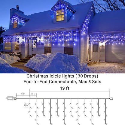 Joomer Christmas Icicle Lights - 19FT Outdoor String Lights Waterproof, 8 Modes Timer Connectable Plug-in String Light for Christmas Party, Eaves, Roofs, Xmas Decorations (White+Blue)