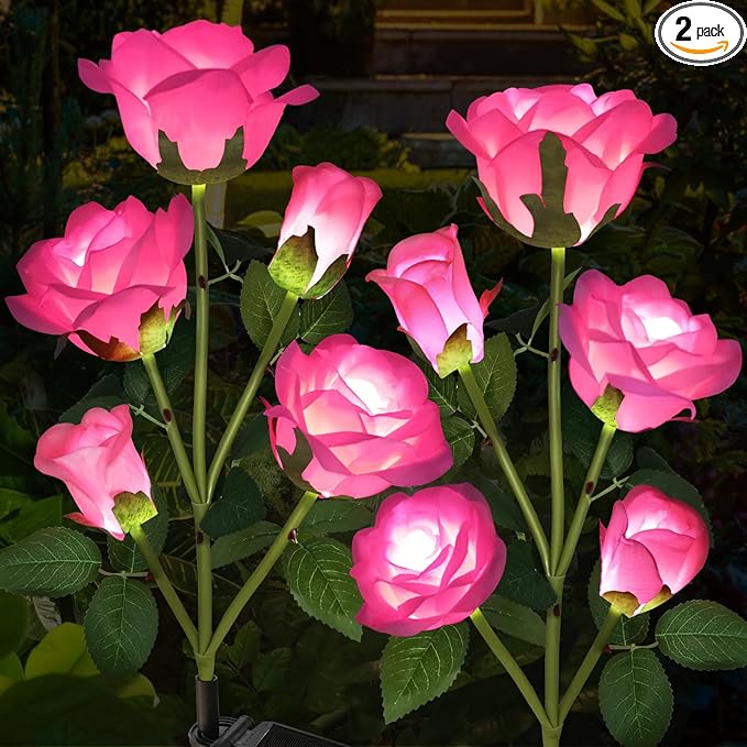Solar Garden Lights, Solar Outdoor Lights with More Realistic 10 Rose Waterproof Solar Powered Flowers for Outside Patio Yard Pathway Decorations, 2 Pack Pink
