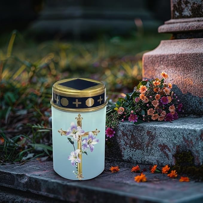 Solar Cross for Cemetery Grave Lily Grave Decorations for Cemetery Auto On/Off LED Solar Light for Landscape Outdoor Cemetery Decor Memorial Gifts 2 Pack