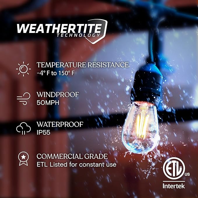 Brightech Bundle: Waterproof LED Outdoor String Lights Hanging, Dimmable 2W Vintage Edison Bulbs - 48 Ft + String | Lumora