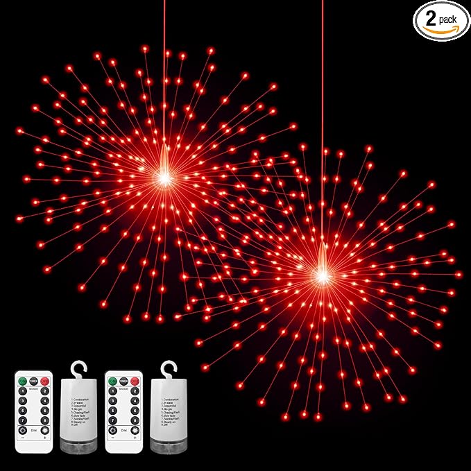 2 Pack Starburst Sphere Lights,200 LLED Firework Lights, 8 Modes Dimmable Remote Control Waterproof Hanging Fairy Light, Copper Wire Light for Patio Parties Christmas (Red)