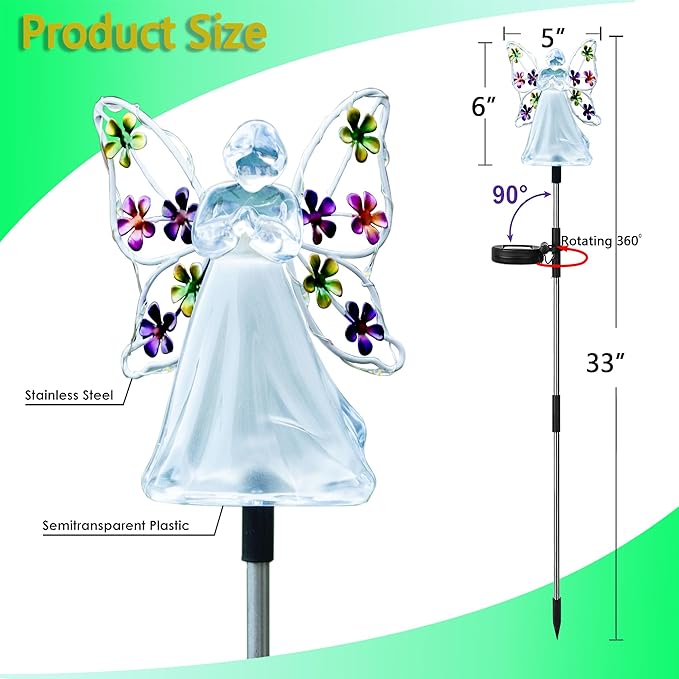2 Pack Solar Angel Lights, Color Changing & Warm White Dual Glow, Solar Stake Lights with Flower Wings, Waterproof Outdoor Memorial Gifts for Cemetery Grave, Garden Patio Yard Decor for Mom Women