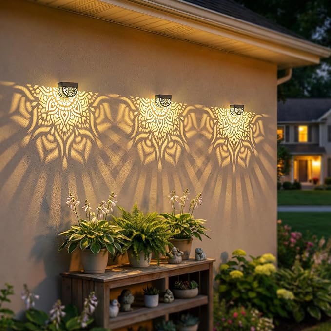 4 Pack Solar Fence Lights Outdoor Wall Lights Plastic Solar Powered Deck Step Stair Lights Mandala Theme Waterproof Fence Solar Light for Garden Post Patio Yard Decor, Gardening Gifts for Women Mom