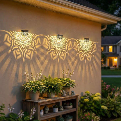 4 Pack Solar Fence Lights Outdoor Wall Lights Plastic Solar Powered Deck Step Stair Lights Mandala Theme Waterproof Fence Solar Light for Garden Post Patio Yard Decor, Gardening Gifts for Women Mom